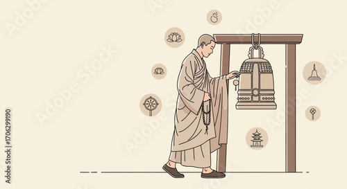 The Serene Ritual Of The Buddhist Monk Ringing The Temple Bell In Tranquility