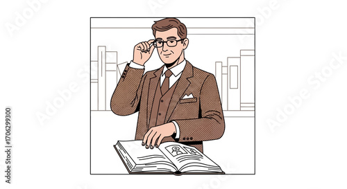 Thoughtful Man in Suit Examining Material in a Book With Glasses and Bookshelf