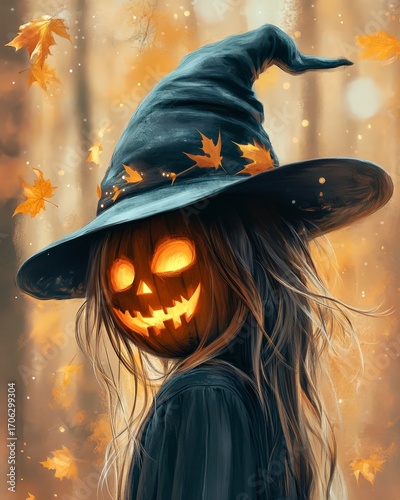 Spooky witch girl halloween magical festive pumpkin