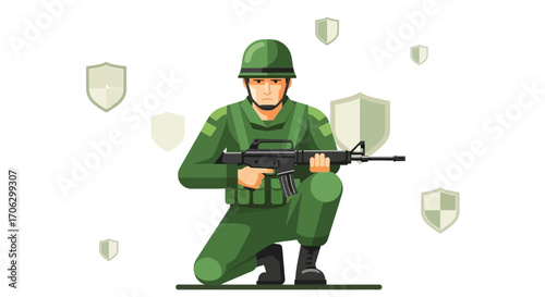 Soldier Crouching With Weapon And Shield Symbols, Ready For Battle And Protection