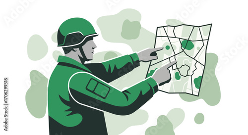 Soldier Examining A Map, Illustration Shows Strategic Planning For Tactics And Strategy