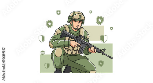 Soldier in Uniform Kneeling Holding Rifle, Vector Illustration with Shield Emblems