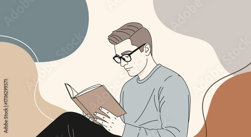 Thoughtful Reader Immersed in Story with Glasses and Elegant Composition