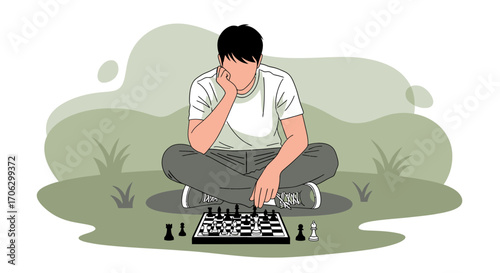 Thoughtful Person Playing Chess Outdoors, Strategic Game, Leisure and Mental Activity