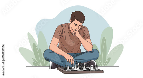 Thoughtful Player Contemplating Chess Move While Sitting, Strategic Game Concept Depicted