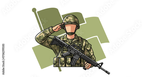Soldier Saluting With Rifle And Flag Background Design, Cartoon Illustration