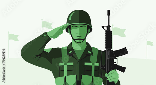 Soldier Saluting With Rifle While Standing In Formation Under Flags On The Battlefield