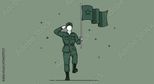 Soldier's Salute, Patriotism, And Iconic Flag Depiction Representing Military Strength