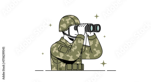 Soldier Using Binoculars in Camouflage Uniform Observing Isolated Against White Background