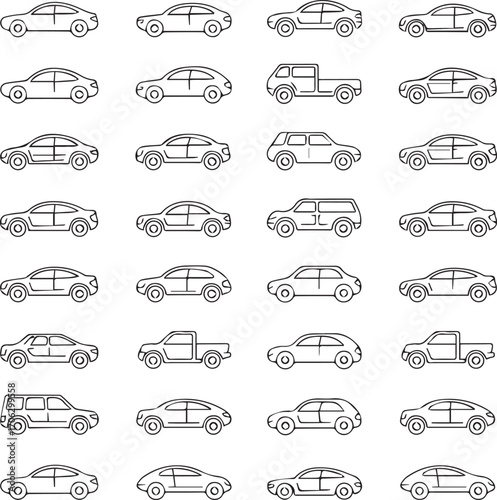 vector car illustrations side view minimal line art set featuring sedan coupe hatchback suv and truck silhouettes