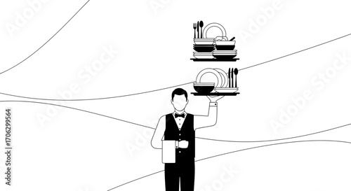 Sophisticated Dining: A Waiter Gracefully Serving Dishes in a Minimalist Aesthetic