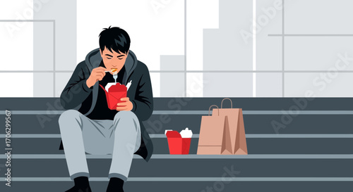 Solo Meal: A Modern Scene Of Urban Life With Food Intake And Relaxed Expression