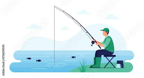 Tranquil Scene Of Angler Casting Rod While Enjoying The Peaceful Day, Fishing Hobby