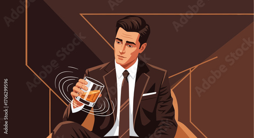Sophisticated Gentleman Enjoying Whiskey, Illustrated In Bold Colors And Striking Design