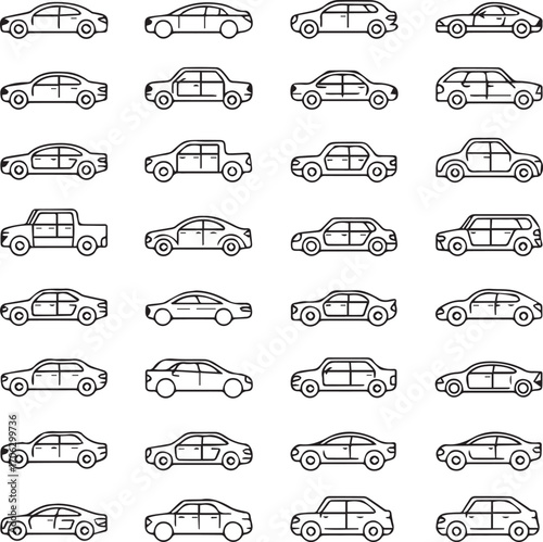 minimal vector car collection side view illustrations of sedans suvs trucks hatchbacks and coupes outline line art icons