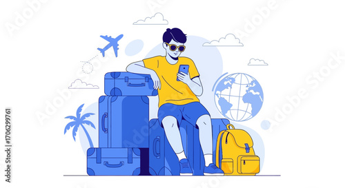 Traveler Checking Phone with Luggage Ready for Adventure with Airplane and Palm Tree