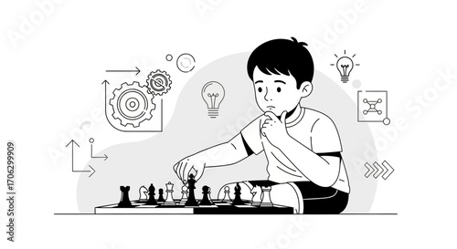 Strategic Mindset: A Young Boy Contemplating His Next Chess Move on the Board