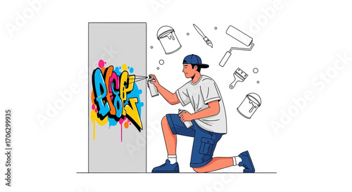 Street Artist Creating Modern Artwork, Spray Paint Graffiti Illustration Concept
