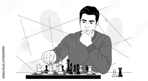 Strategic Thought: A Man Contemplating His Next Chess Piece Move, Mindfully Planning