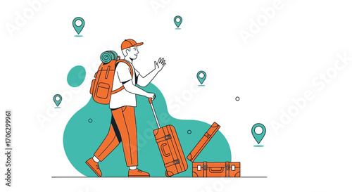 Traveling Adventurer with Luggage and Backpack Ready for an Exciting Journey