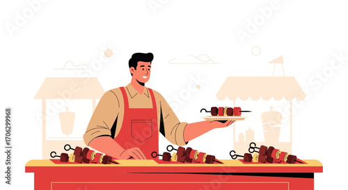 Street Food Vendor Presenting Kebab Skewers with Smiling Expression with Stall