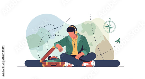 Traveling Traveler Reviews the Journey Plan while Listening to Music Preparing for Departure