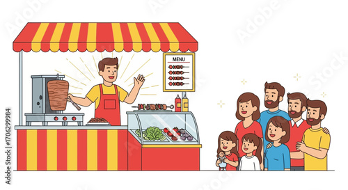 Street Food Vendor Welcoming Customers and Offering Delicious Skewered Meals To Families