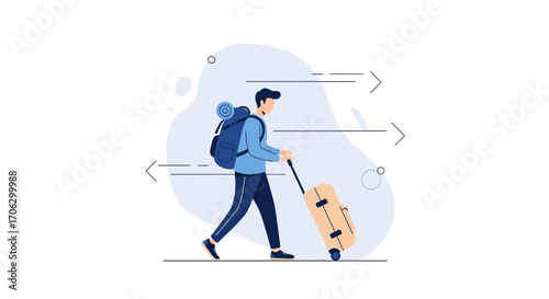 Traveling Man With Bag And Suitcase Embarking On Adventure  Moving Forward To Destination
