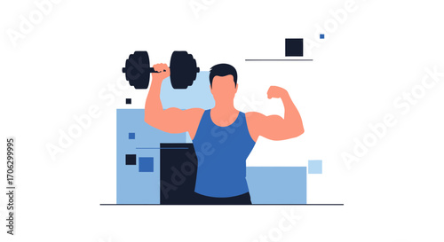 Strength And Fitness Depicted With A Man Lifting Dumbbell, Workout Illustration