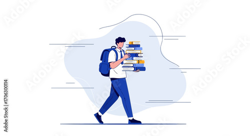 Student Carrying Heavy Books Walking, Modern Illustration Depicting Education and Learning