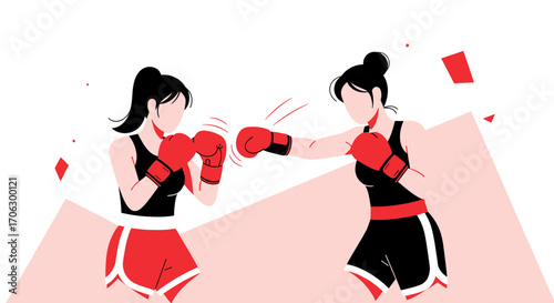 Two Female Boxers During a Fight in a Minimalist Artistic Illustration