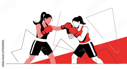 Two Female Boxers Engaging In a Dynamic Fight Illustration with Energetic Design