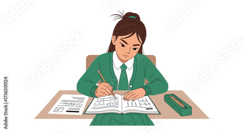 Student Concentrated On Examination At A Desk, Preparing For A Test, Frustrated Expression