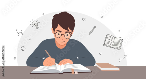 Student Concentrated on Studying, Writing, and Thinking, Illustrating Education Process