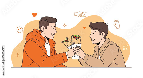 Two Happy Men Enjoying Tasty Wraps Together During Social Interaction