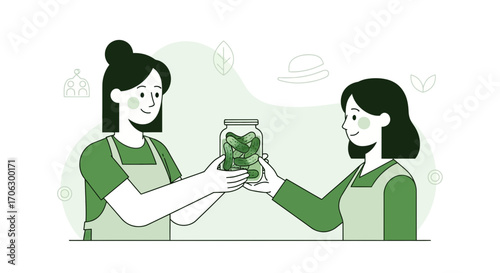 Two Women Sharing a Jar of Preserved Green Cucumbers, Representing Community and Food
