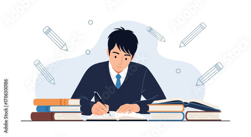Student Concentrating On Studies While Surrounded By Books and Falling Pencil Elements