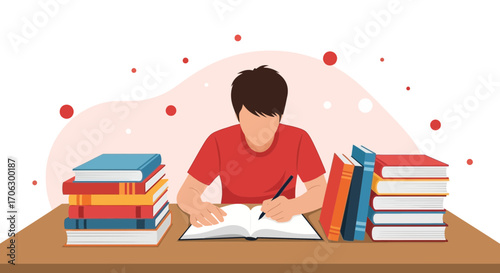 Student Concentrating On Writing In Notebook Surrounded By Books On A Wooden Table