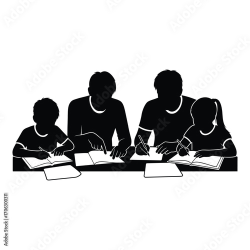 Silhouettes of a family studying together learning and education concept silhouette
