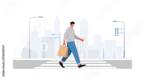 Urban Walker Carrying Shopping Bag Crossing Street on Zebra Crossing Illustration