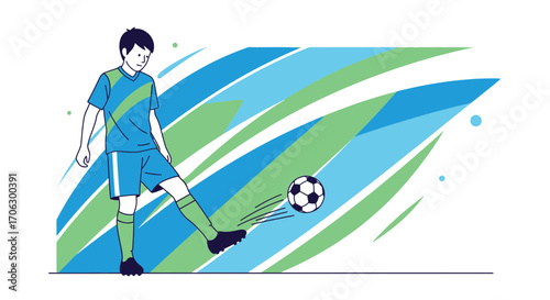 Vector Illustration: Football Player Kicking Soccer Ball in Action and Displaying Momentum