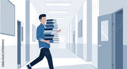 Student Hurrying Through Hallway Carrying Heavy Stack Of Books Preparing For Knowledge