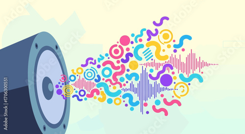 Vibrant Audio Illustration Featuring Modern Loudspeaker And Abstract Sound Waves Creation