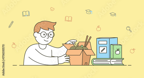 Student Preparing Food Whilst Studying And Surrounded By Books And Educational Elements