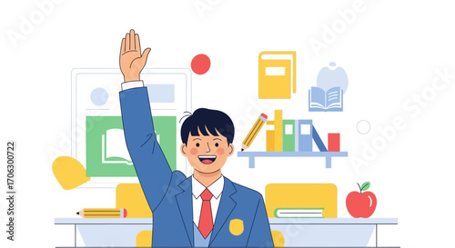 Student Raising Hand in Classroom, Celebrating a Breakthrough, Eager to Learn, Illustration