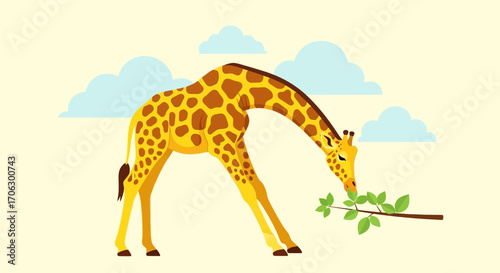 Vibrant Giraffe Enjoying a Meal of Fresh Green Leaves Beneath a Bright Sky