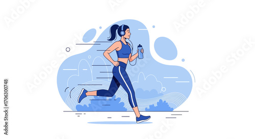 Vibrant Illustration: Animated Female Runner Enjoying Fitness Using Headphones and Water Bottle