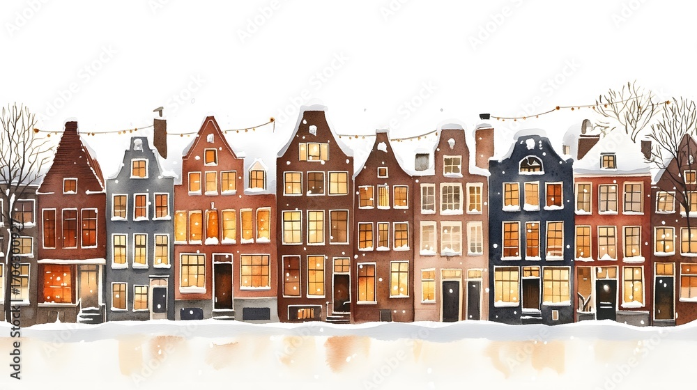Fototapeta premium Watercolor Dutch Canal Houses – Realistic Amsterdam Holland Architecture Street Facades with Bicycles, Flowers and Snow