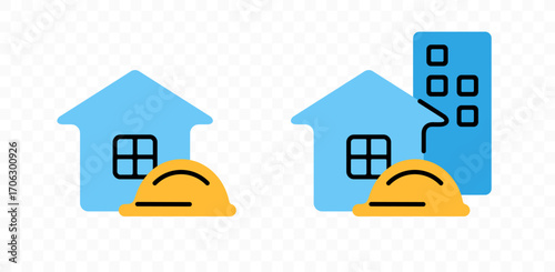 Construction, hardhat, house and home, graphic design. Repair, property, realestate, apartment and skyscraper, vector design and illustration