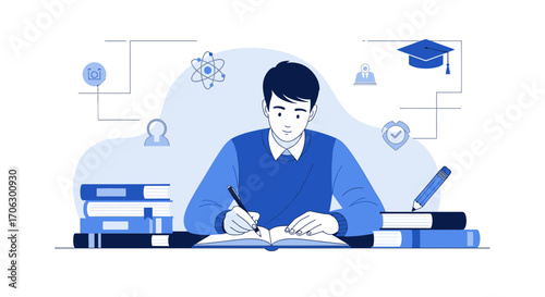 Student Studying Actively, Writing in Open Book, Surrounded by Books and Educational Icons